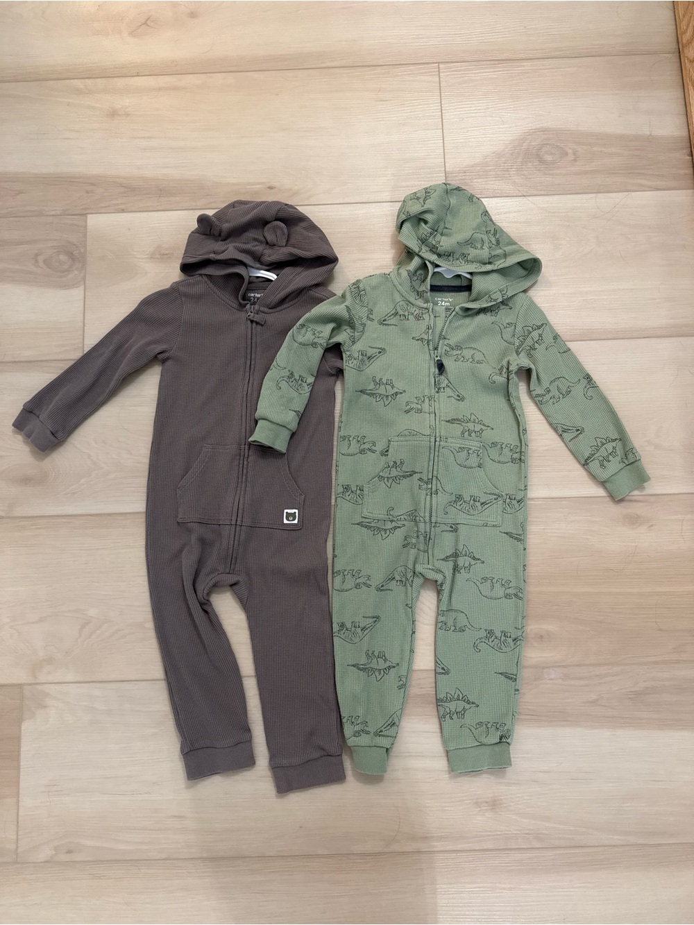 Carter's Green Dino Print & Brown Bear Hooded One-Piece Bodysuits
